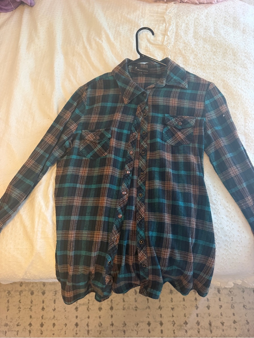 Forever 21 Teal and Black Plaid Button-Up Shirt